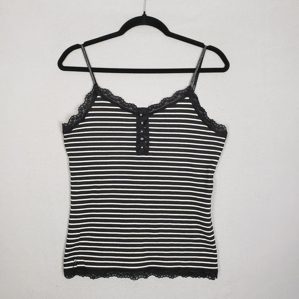 Y2K‎ Lace Trim Camisole Cami Tank Black White Stripe 2000's Layering Top Size L
